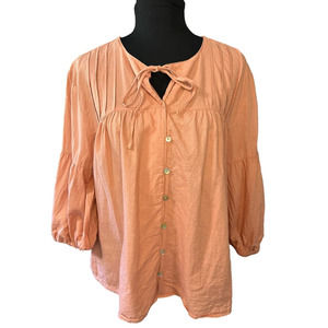 MNG Pink Linen Blend Puff Sleeve Peasant Blouse, Size 10